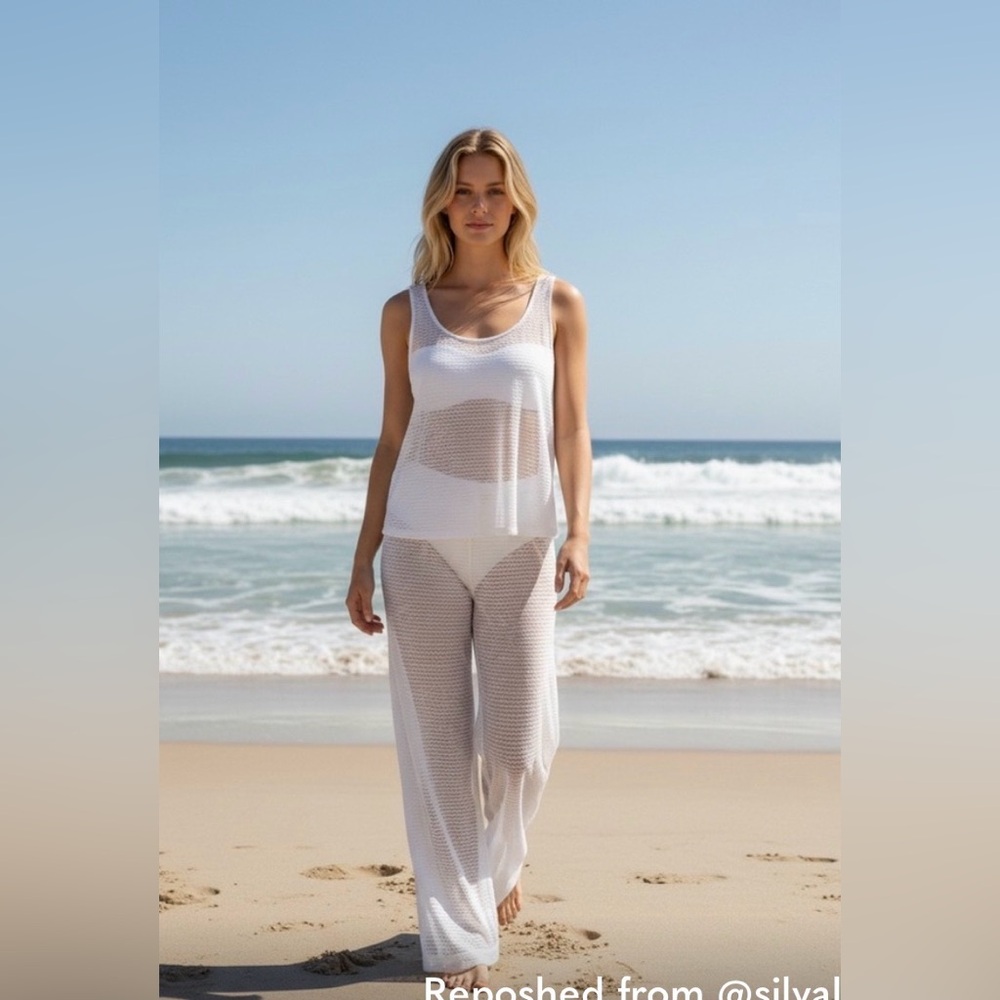 Hurley XL/XXL White Mesh Swim Cover Up Set NWT Beach Resort Wide Leg Pants 2pc